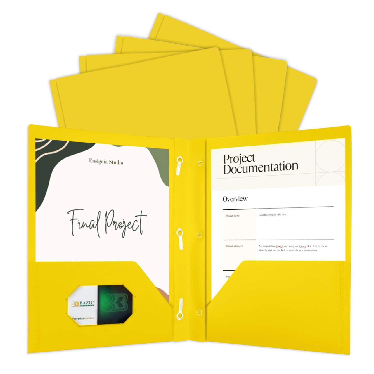 BAZIC Poly 2-Pockets Portfolio - Yellow Color w/ 3-Prong Fastener